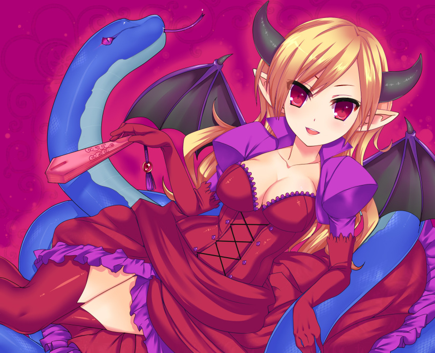 blonde_hair, breasts, demon_wings, dress, elbow_gloves, fan, geminiboar, gloves