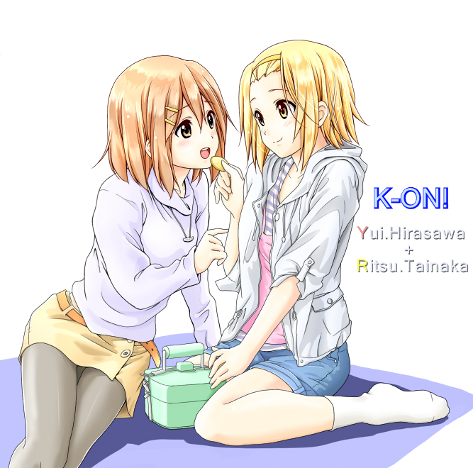 2girls, belt, brown_eyes, brown_hair, casual, cookie, dresstrip, food, hirasawa_yui, hoodie, k-on!, lunch_box, multiple_girls, pantyhose, parka, short_hair, socks, tainaka_ritsu