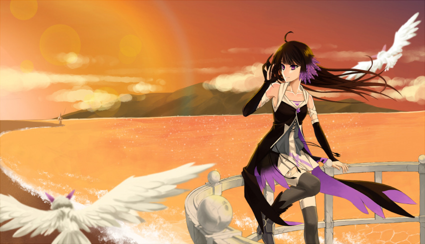 1girl, bird, black_hair, cross_akiha, long_hair, pixiv_fantasia, pixiv_fantasia_new_world, pointy_ears