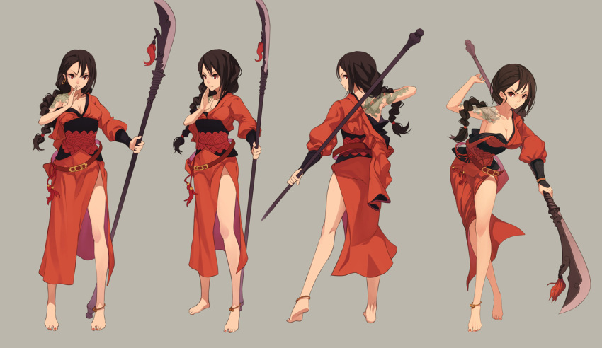 1girl, anklet, barefoot, belt, black_hair, braid, breasts, cleavage