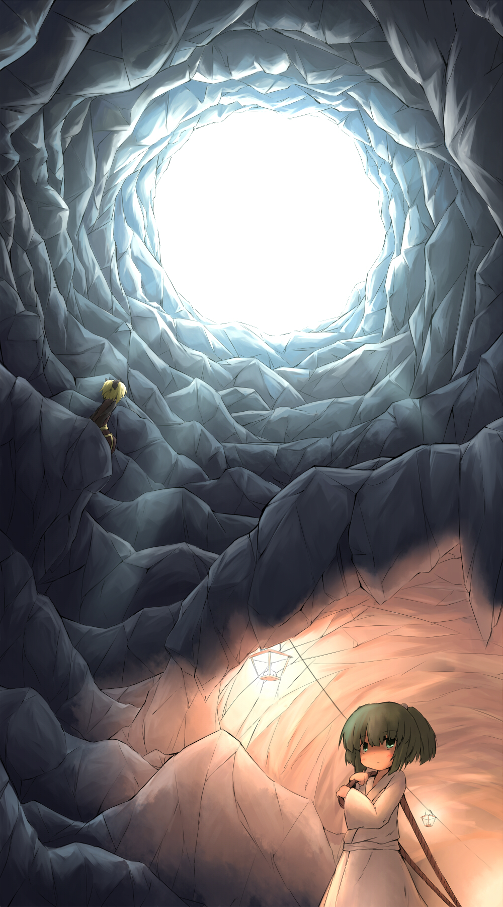 2girls, blonde_hair, bow, green_eyes, green_hair, hair_bobbles, hair_bow, hair_ornament