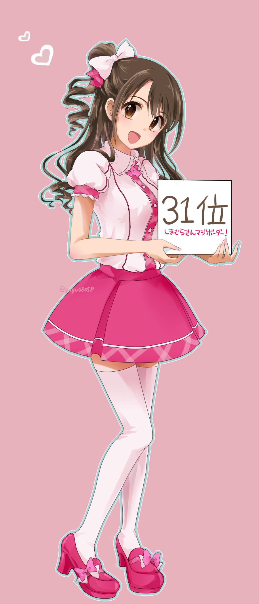 1girl, :d, blush, bow, brown_eyes, brown_hair, hair_bow, half_updo