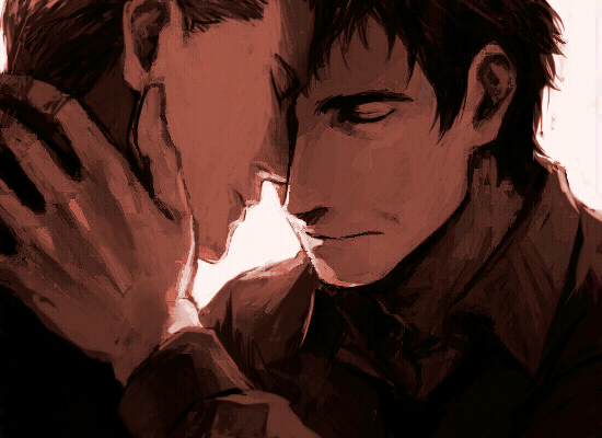 2boys, android, black_hair, brown_hair, closed_eyes, elijah_baley, face-to-face, kurosuke_(nora)