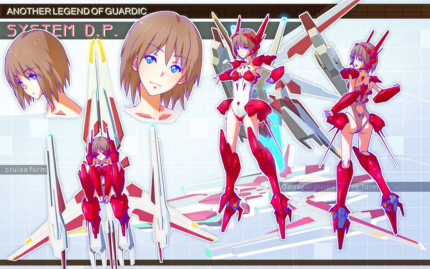 1girl, armor, blue_eyes, bodysuit, boots, brown_hair, flying, guardic_gaiden, headset, looking_at_viewer, mecha_musume, open_mouth, short_hair, smile, solo, system_d.p., tamago_tomato, wings