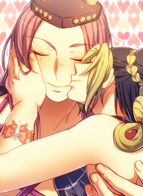 1boy, 1girl, black_hair, blonde_hair, braid, butterfly, couple, double_bun, hat, jojo_no_kimyou_na_bouken, kuujou_jolyne, long_hair, mk, multicolored_hair, narciso_annasui, redhead, tattoo, two-tone_hair