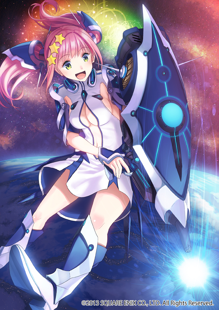 1girl, armor, armored_twintails, boots, breasts, cleavage, cleavage_cutout, dress