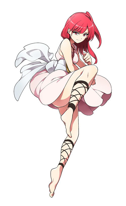 1girl, ankle_lace-up, barefoot, cross-laced_footwear, dalc_rose, feet, long_hair, looking_at_viewer, magi_the_labyrinth_of_magic, morgiana, red_eyes, redhead, side_ponytail, simple_background, smile, solo, white_background