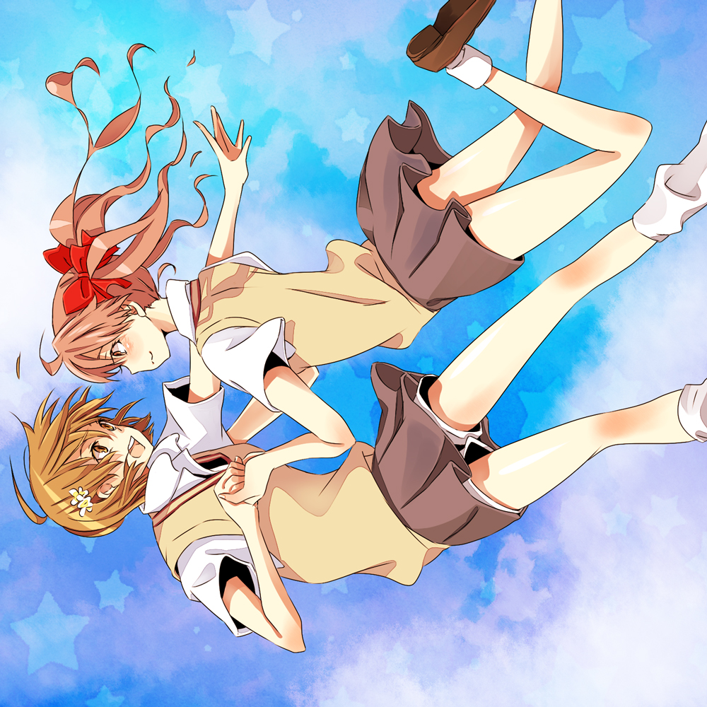 2girls, brown_eyes, brown_hair, falling, kurata_(mosupyon), long_hair, misaka_mikoto, multiple_girls