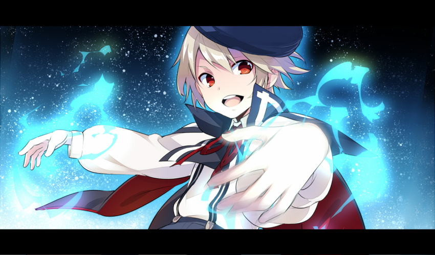 blonde_hair, brown_hair, cape, glowing, gunslinger_stratos, hat, looking_at_viewer, magic, open_mouth, outstretched_arms, remy_odhner, sama, short_hair, spread_arms