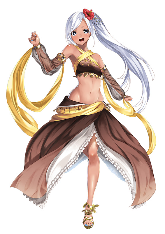 1girl, bare_shoulders, blush, dark_skin, detached_sleeves, fingernails, flower, hair_flower, hair_ornament, kyon_(fuuran), long_hair, looking_at_viewer, mound_of_venus, navel, open_mouth, see-through, side_ponytail, silver_hair, skirt, slippers, smile, solo, very_long_hair, yukijirushi, yukiko-tan