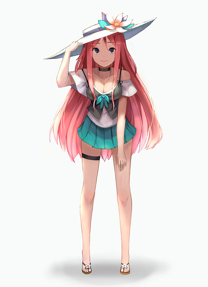 1girl, bare_legs, bare_shoulders, blue_eyes, breasts, choker, cleavage, deneb_(noble324)