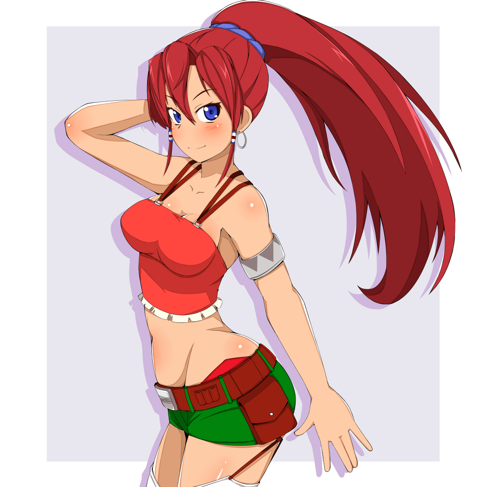 1girl, armlet, bellows_(suisei_no_gargantia), belt, blue_eyes, breasts, cleavage, earrings