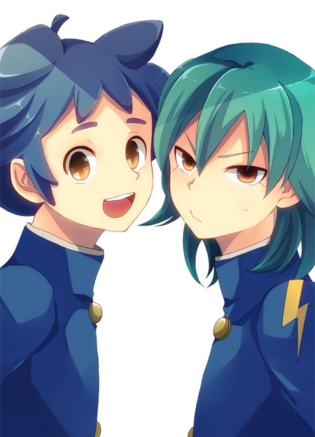 2boys, blue_hair, bust, face, gakuran, green_hair, inazuma_eleven_(series), inazuma_eleven_go