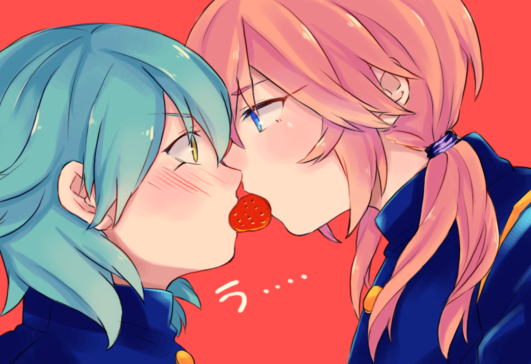 2boys, blue_eyes, blush, food, fruit, gakuran, green_hair, inazuma_eleven_(series)