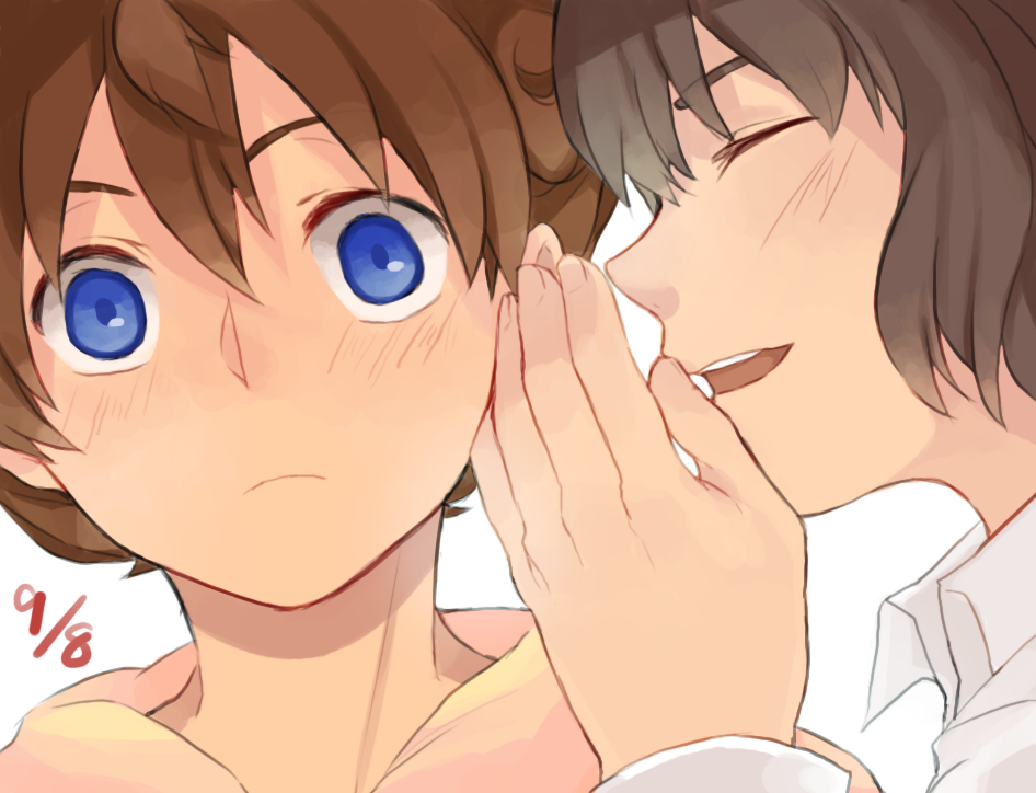 2boys, blue_eyes, blush, brown_hair, closed_eyes, face, frown, inazuma_eleven_(series)