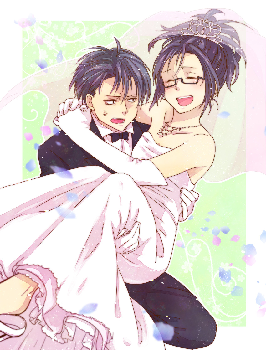1boy, 1girl, anger_vein, bare_shoulders, blush, bridal_veil, bride, carrying, closed_eyes, couple, dress, formal, glasses, gloves, gown, hanji_zoe, hetero, highres, jewelry, levi_(shingeki_no_kyojin), long_hair, necklace, noah_0628, princess_carry, purple_hair, rivaille, shingeki_no_kyojin, short_hair, smile, suit, veil, wedding, wedding_dress