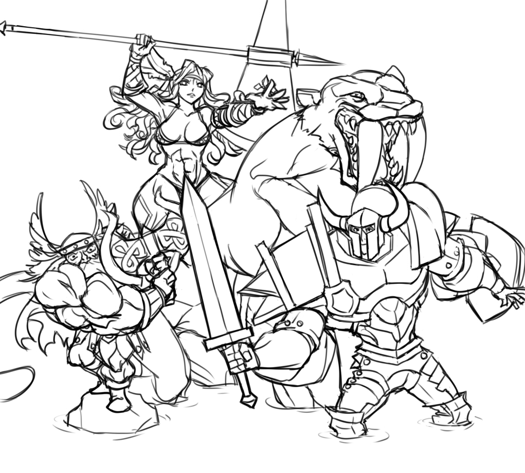 1girl, 2boys, amazon_(dragon's_crown), armor, battle_axe, bikini_armor, dragon's_crown, dwarf_(dragon's_crown)