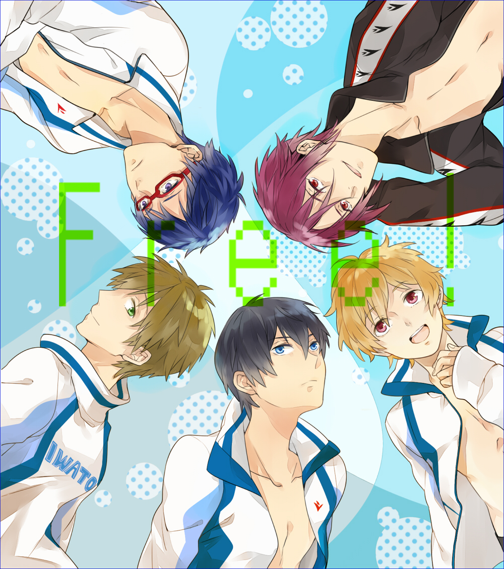 5boys, blonde_hair, blue_eyes, blue_hair, brown_hair, free!, gaw_(enasa), glasses, green_eyes, hazuki_nagisa, male, matsuoka_rin, multiple_boys, nanase_haruka_(free!), purple_hair, ryuugasaki_rei, shirtless, short_hair, smile, sports_jacket, tachibana_makoto, violet_eyes