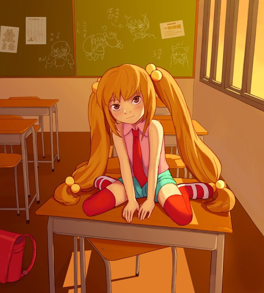 1girl, aoki_daisuke, aoki_daisuke_(cameo), backpack, bag, bare_shoulders, blonde_hair, blush, brown_eyes, chair, chalkboard, child, classroom, desk, directional_arrow, hair_bobbles, hair_ornament, highres, juliette_fournier, kagami_kuro, kagami_kuro_(cameo), kodomo_no_jikan, kokonoe_rin, long_hair, looking_at_viewer, necktie, on_desk, randoseru, shoes, shorts, sitting, smile, solo, thigh-highs, translation_request, twintails, usa_mimi, usa_mimi_(cameo), uwabaki, very_long_hair, wariza, window