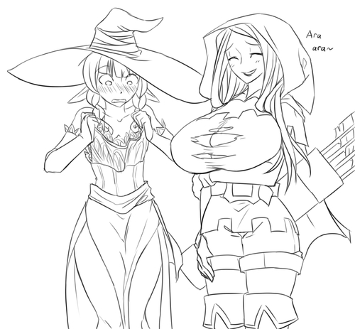2girls, arrow, blush, boots, braid, breast_conscious, breast_hold, breasts