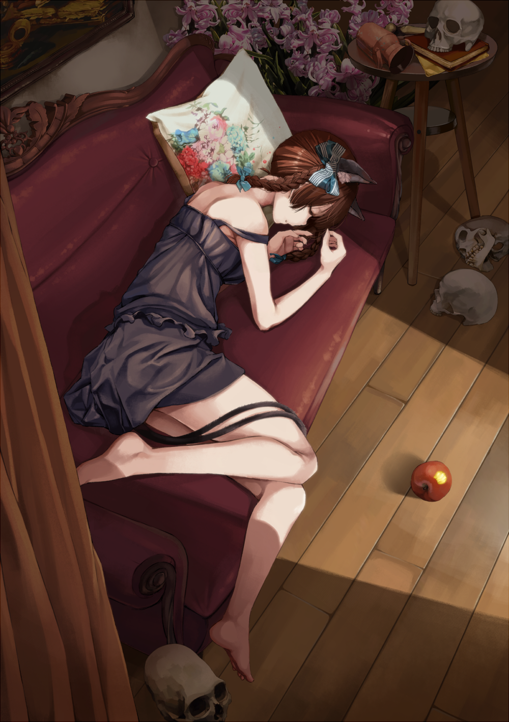 1girl, animal_ears, apple, black_dress, braid, brown_hair, cat_ears, cat_tail