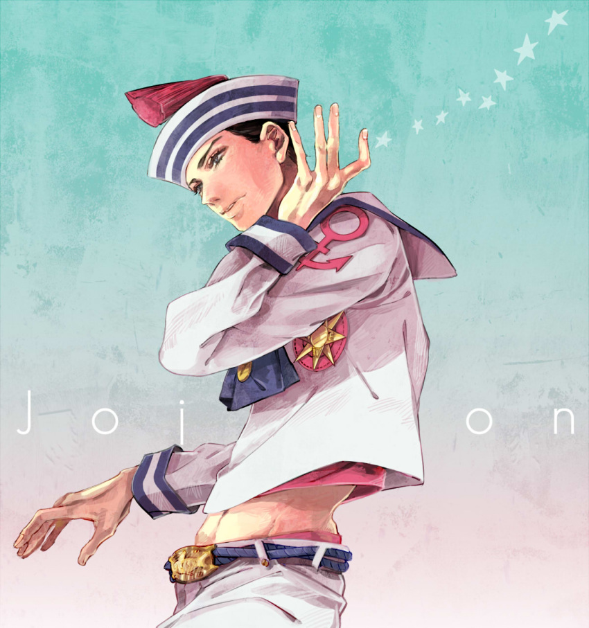 1boy, black_eyes, black_hair, dixie_cup_hat, hat, higashikata_jousuke_(jojolion), highres, hiroaki_(angie), jojo_no_kimyou_na_bouken, jojolion, midriff, sailor_costume, solo