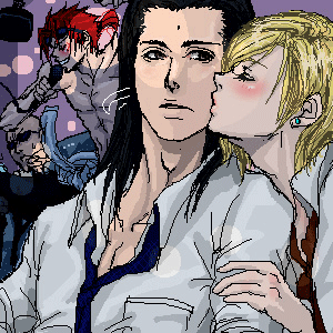 bald, black_hair, blonde_hair, blush, dress_shirt, elena_(ff7), closed_eyes, female