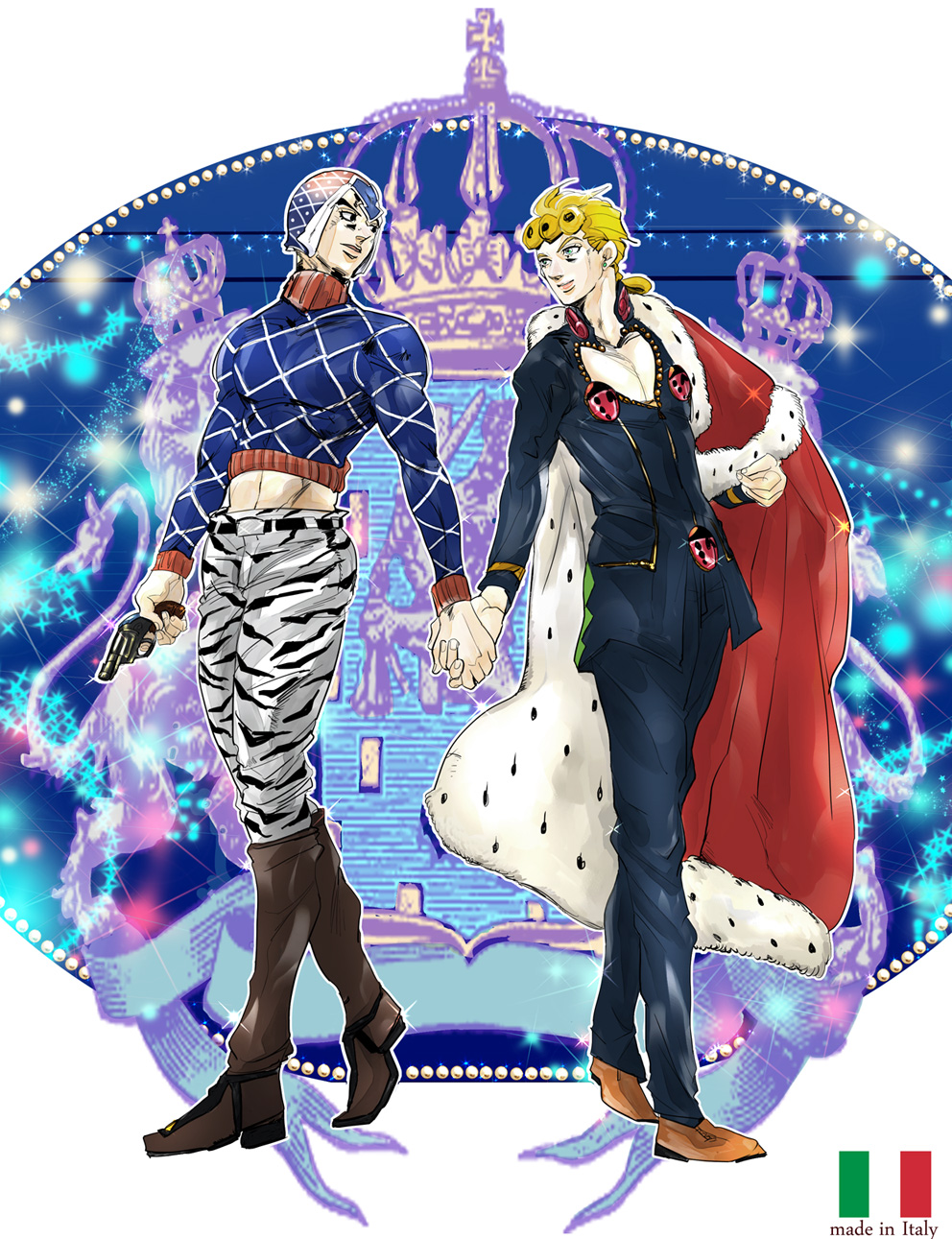 2boys, black_eyes, blonde_hair, blue_eyes, cape, giorno_giovanna, guido_mista, gun