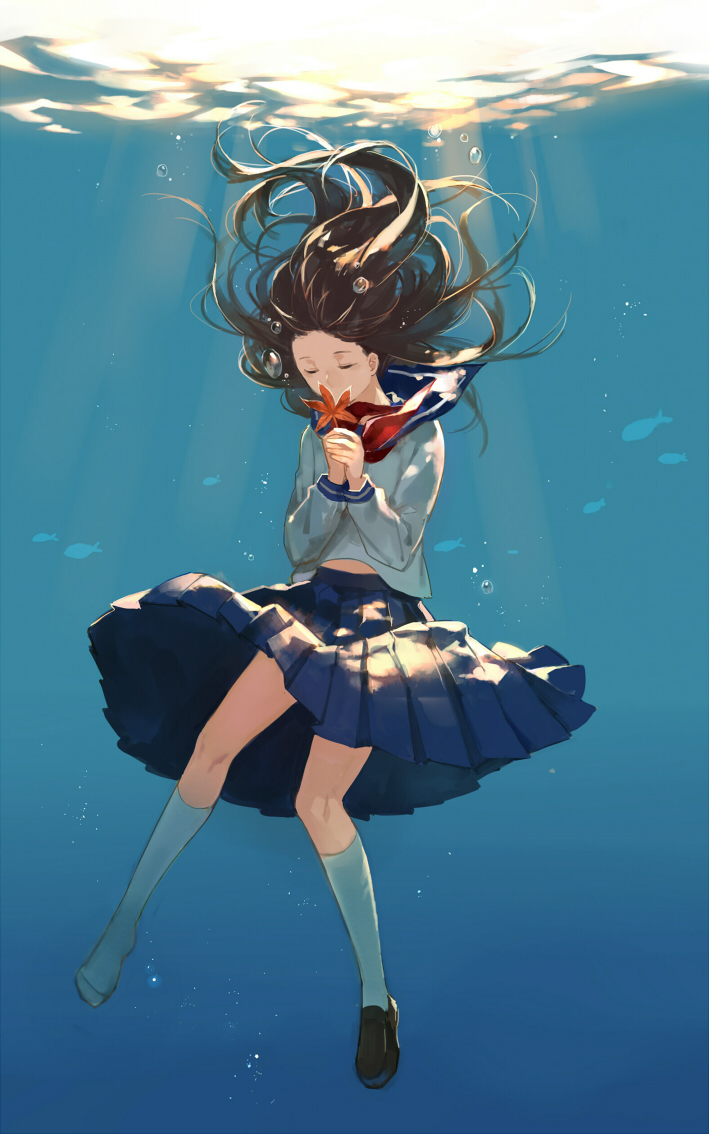 1girl, brown_hair, bubble, closed_eyes, cotta, fish, hands_together, kneehighs, leaf, long_hair, pleated_skirt, seafuku, single_shoe, skirt, solo, underwater