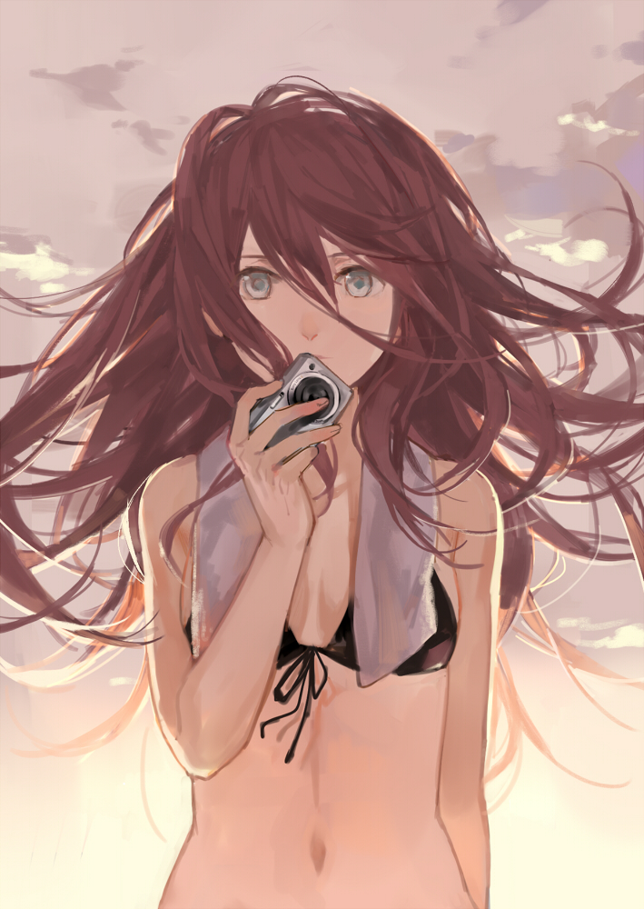 1girl, bikini_top, brown_hair, camera, cotta, grey_eyes, long_hair, navel