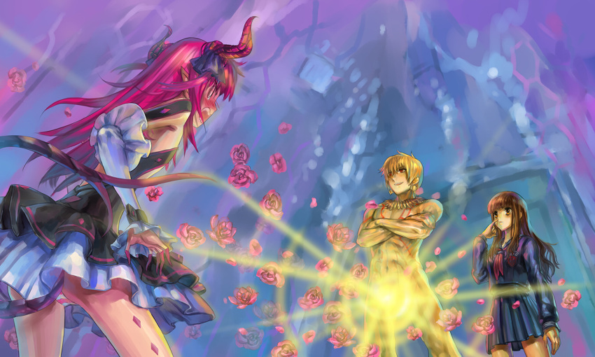 1boy, 2girls, blonde_hair, brown_eyes, brown_hair, crossed_arms, detached_sleeves, fate/extra, fate/extra_ccc, fate_(series), female_protagonist_(fate/extra), flower, gilgamesh, glowing, goenitzchild, horns, lancer_(fate/extra_ccc), long_hair, multiple_girls, nude, pink_hair, purple_hair, rose, school_uniform, tail, two_side_up