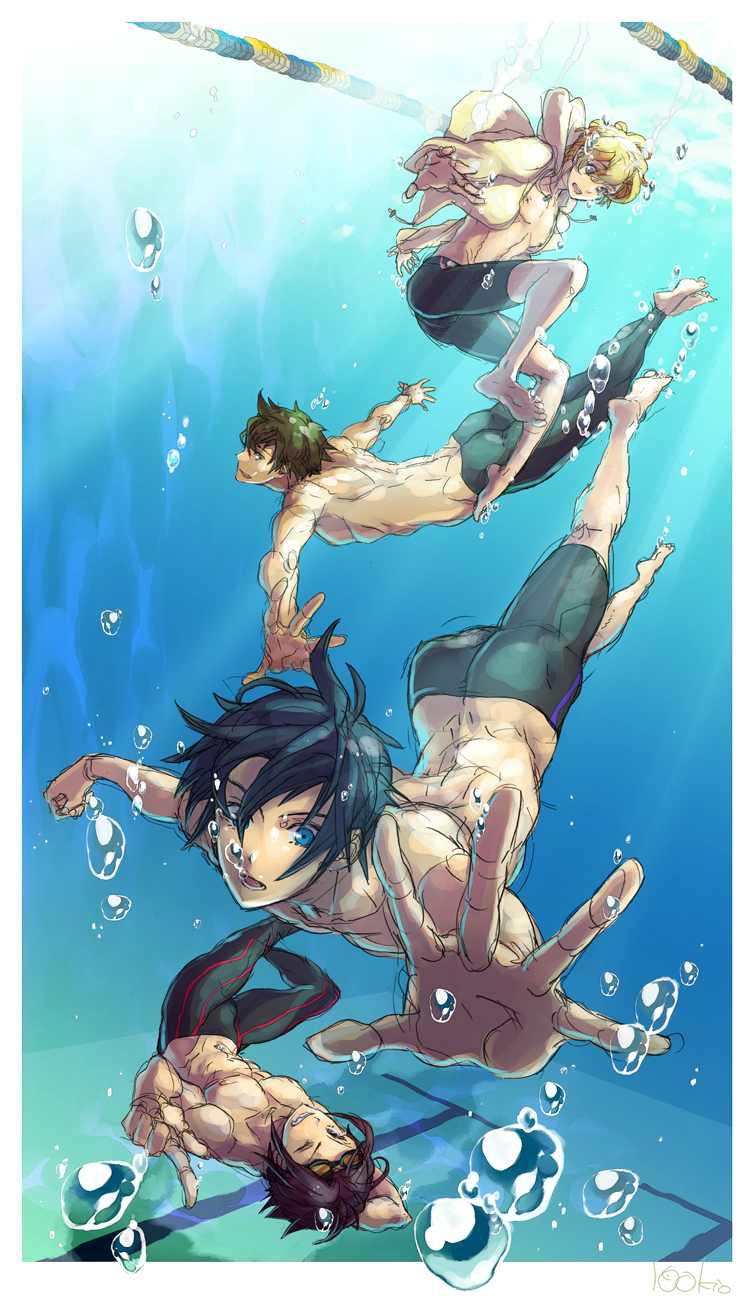 4boys, barefoot, blonde_hair, blue_eyes, blue_hair, bubble, free!, goggles