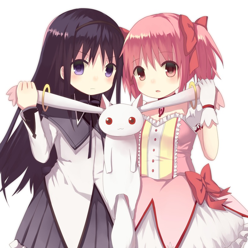 2girls, :3, akemi_homura, animal_ears, black_hair, bow, choker, dress