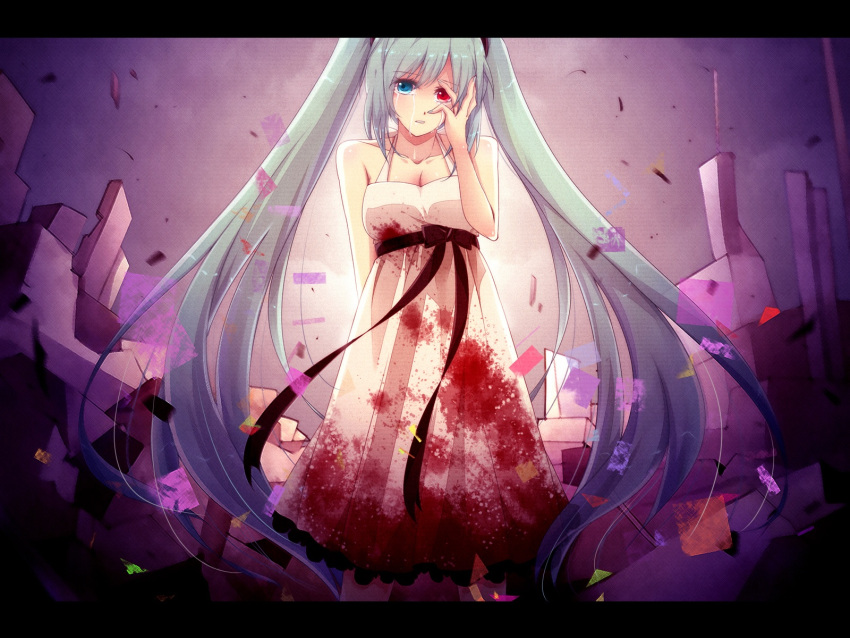 1girl, blood, blue_eyes, dress, green_hair, hatsune_miku, heterochromia, highres