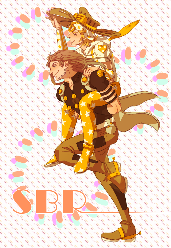 2boys, beanie, blonde_hair, boots, brown_hair, carrying, gyro_zeppeli, hat