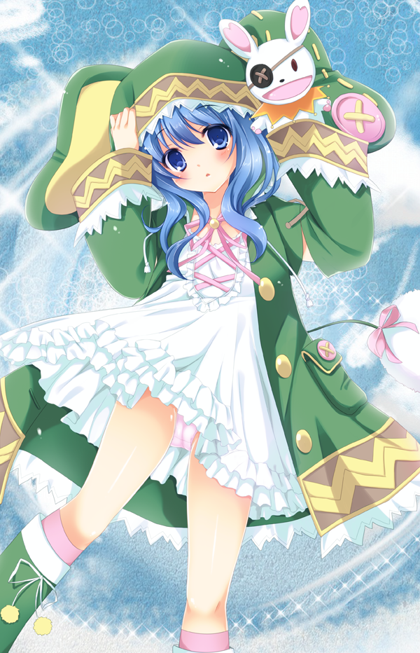 1girl, animal_ears, blue_background, blue_eyes, blue_hair, coat, date_a_live, eyepatch