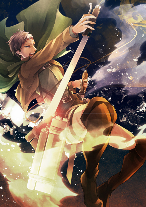 1boy, belt, boots, brown_eyes, brown_hair, cape, dual_wielding, jacket