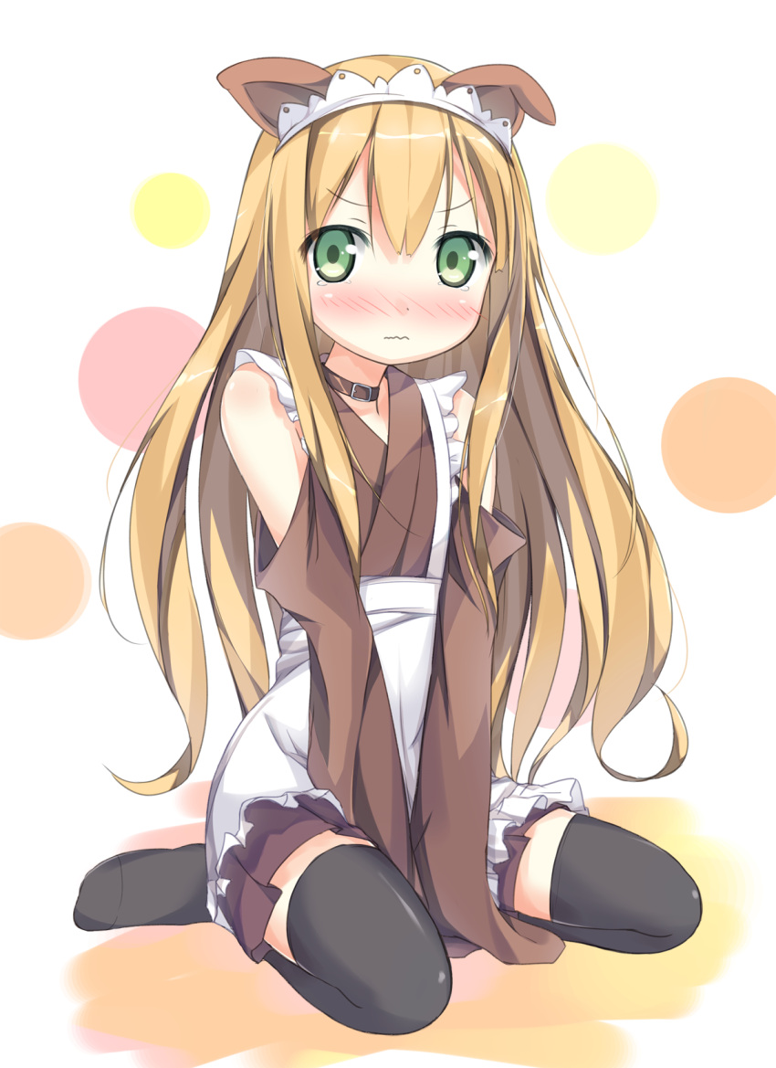 1girl, animal_ears, azuki_azusa, black_legwear, blonde_hair, blush, collar, detached_sleeves