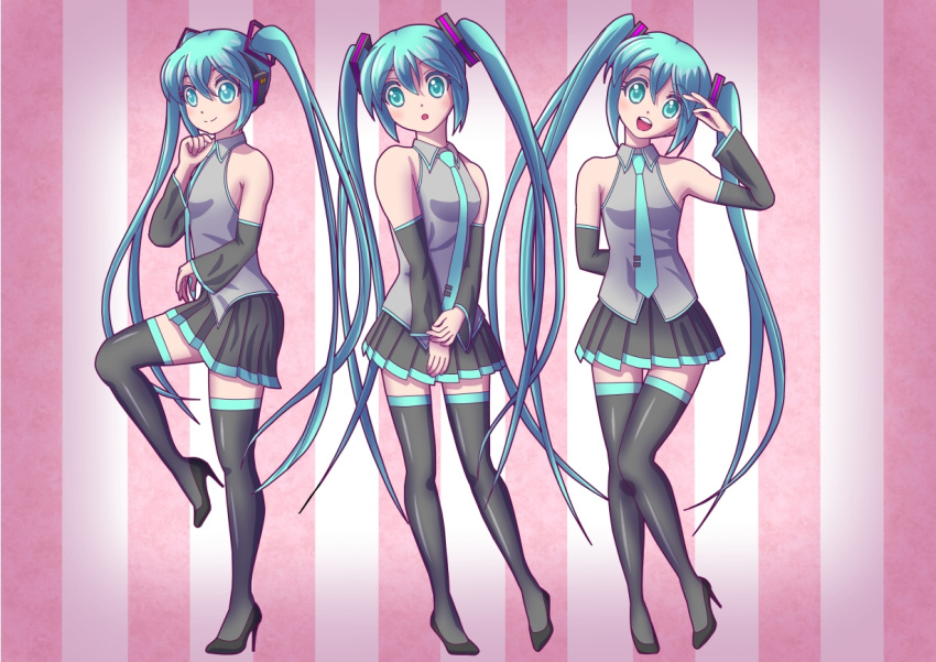 aqua_eyes, aqua_hair, detached_sleeves, hatsune_miku, head_tilt, high_heels, koishi, long_hair