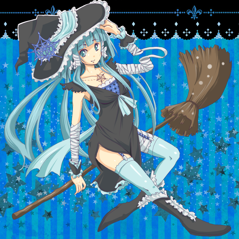 1girl, alternate_costume, aoki_reika, bandages, black_dress, blue, blue_background, blue_eyes
