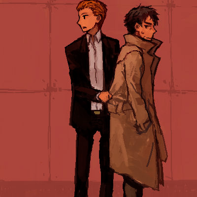 2boys, black_hair, brown_hair, coat, elijah_baley, kurosuke_(nora), lowres, multiple_boys