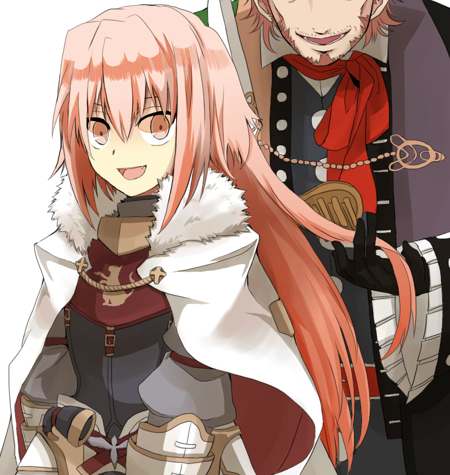 2boys, armor, beard, black_gloves, brown_hair, cape, caster_of_red, dress_shirt