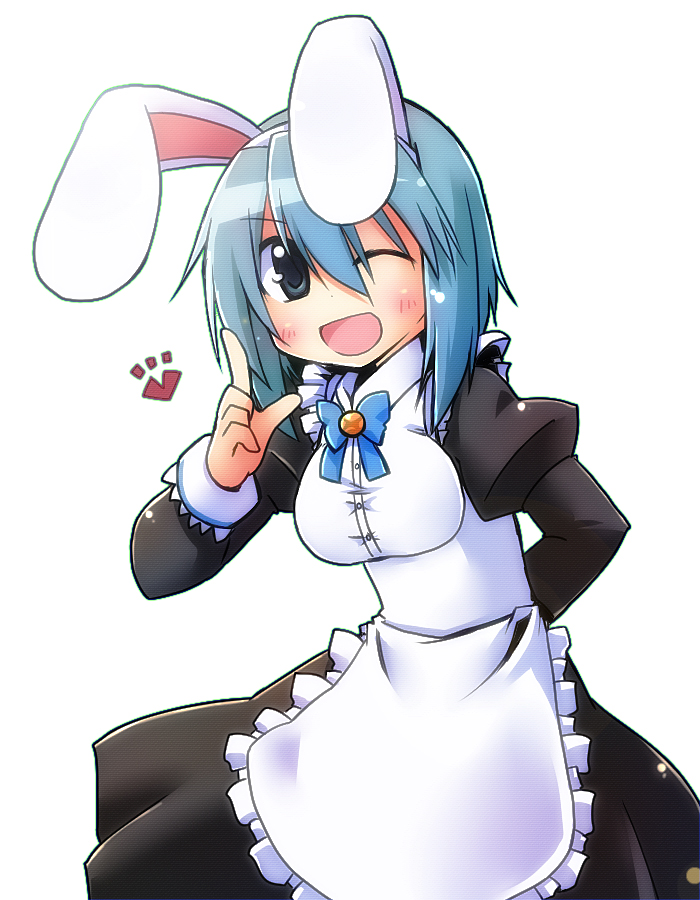 1girl, ;d, alternate_costume, animal_ears, apron, blue_eyes, blue_hair, enmaided