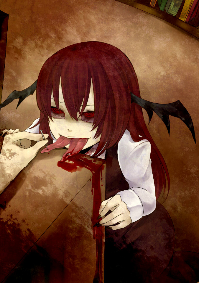 1girl, ahegao, bat_wings, blood, book, head_wings, koakuma, library