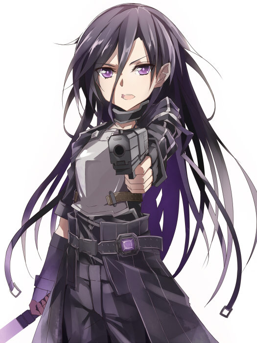 1boy, androgynous, black_hair, breastplate, fingerless_gloves, gloves, gun, kirito