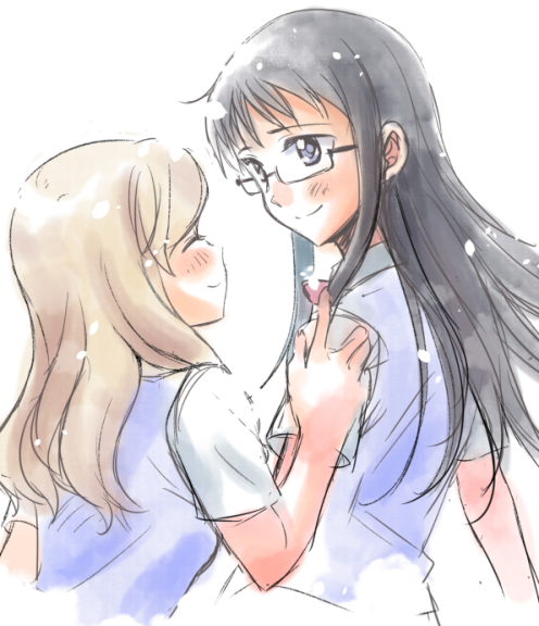 2girls, black_hair, blonde_hair, blush, closed_eyes, glasses, kazama_ushio, long_hair
