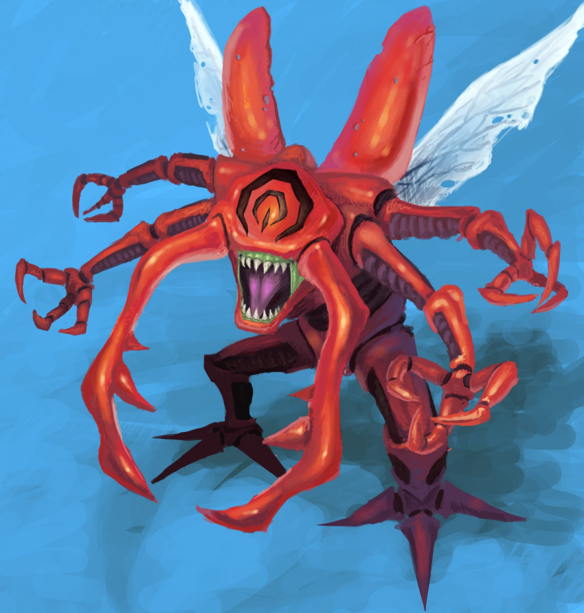 blue_background, claws, digimon, highres, insect, insect_wings, kuwagamon, menntennnannsu, monster, multiple_arms, no_humans, sharp_teeth, simple_background, solo, wings