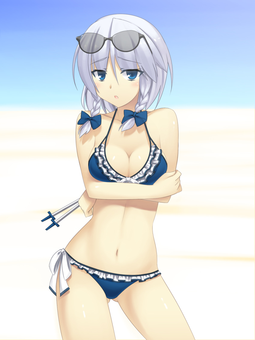 ac_(eshi), bad_id, bare_shoulders, bikini, blue_eyes, blush, bow, braid