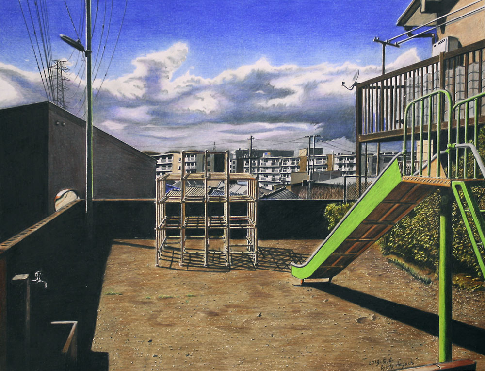 building, cityscape, clouds, dated, jungle_gym, lamppost, no_humans, original