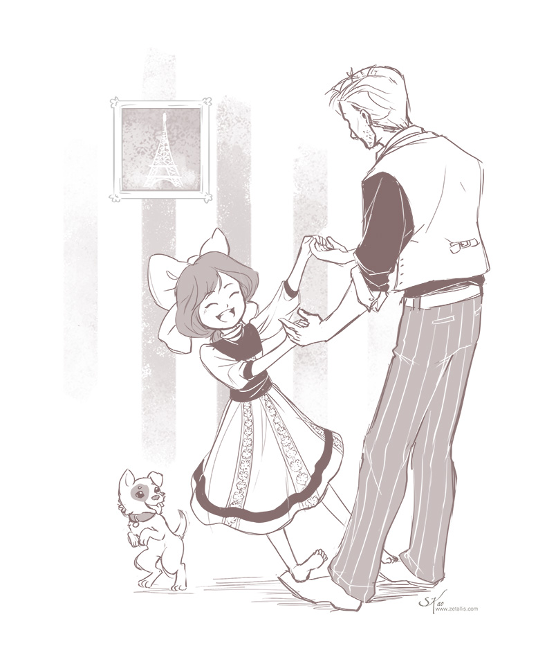 bioshock, bioshock_infinite, booker_dewitt, child, dog, dress, elizabeth_(bioshock_infinite), holding_hand